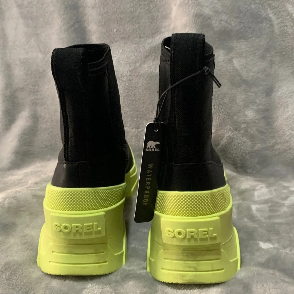 Sorel Brex Chelsea Boots Black Leather Size 7.5 Neon Green Platform Waterproof